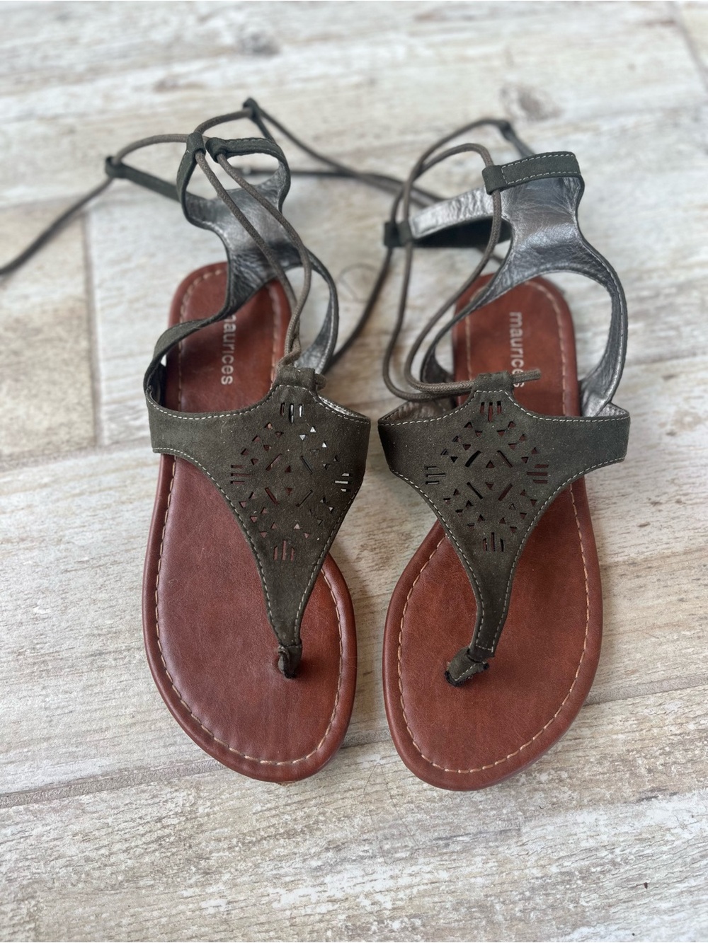 Maurices Olive Lace-Up Laser-Cut T-Strap Sandals